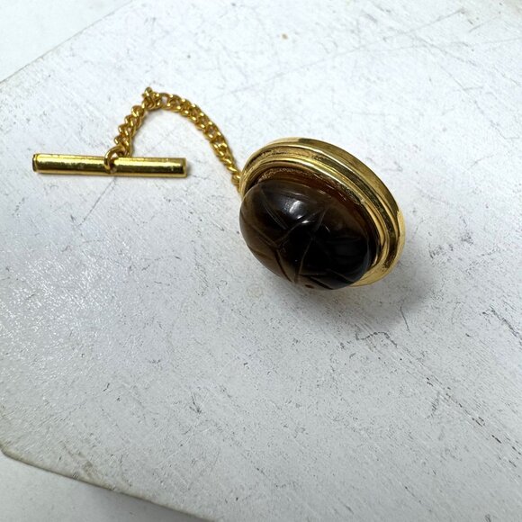 Vintage Goldtone Tigers Eye Scarab Tie Tack Pin - Picture 4 of 5